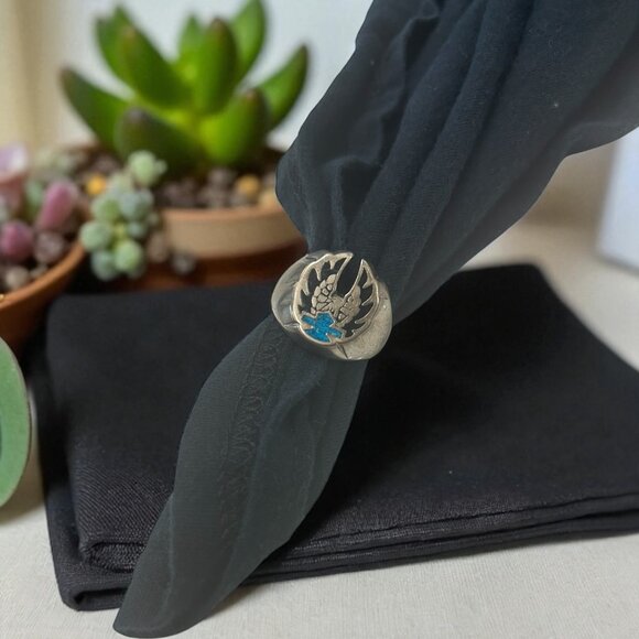 Silver Tone HD Biker Ring | Eagle & Turquoise Shield Double Ring Sz 11.5/12 Mens - Picture 7 of 7